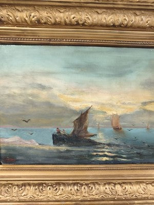 Ancien tableau marine huile sur toile 1889, cadre doré sculpté signé