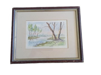 Aquarelle signée Pierre Gac paysage arbres lac reflet encadrée nature