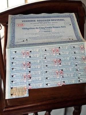 Obligation ancienne VSN Verre Souchon-Neuvesel 1928 document financier vintage