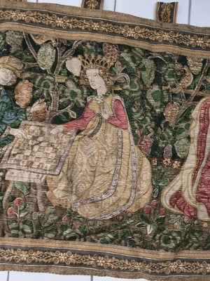 Ancienne tapisserie murale scène courtoise millefleurs bordure à rinceaux