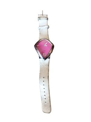 Montre Guess vintage quartz cadran rose édition limitée, bracelet cuir blanc