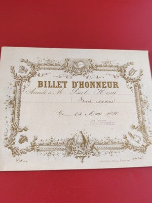 Ancien billet d'honneur 1880 vintage, document scolaire orné, calligraphié