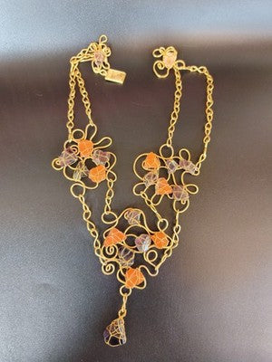 Vintage collier Danais pierres naturelles orange violet, chaîne dorée, grosse pi