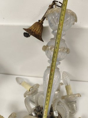 Lustre ancien Murano opaline transparent, 6 bras torsadés, à restaurer vintage