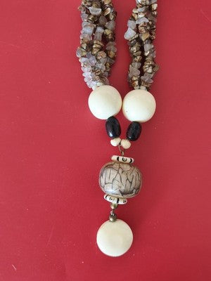 Collier vintage ancien en os et pierres naturelles, bijou rétro authentique à co