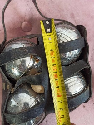 Lot 4 boules pétanque OBUT acier, cochonnet, sacoche cuir noir