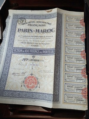 Action au porteur Paris Maroc 1923 vintage titre ancien authentique années 20