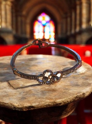 Bracelet jonc vintage double cœur strassé rétro élégant femme