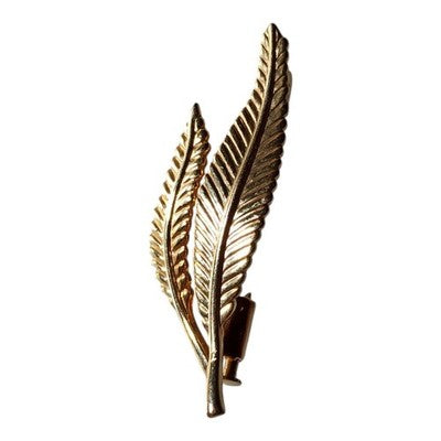 Broche vintage dorée plume double, bijou rétro signé, métal doré élégant