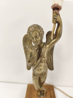 Lampe ancienne bronze patiné doré, ange ailé, socle bois, électrifiée