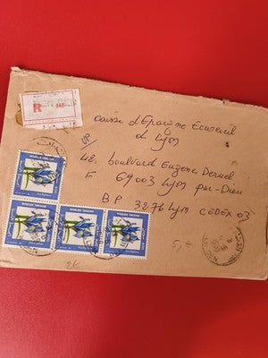 Ancienne lettre vintage avec timbres oblitérés Tunisie iris bleu collection phil