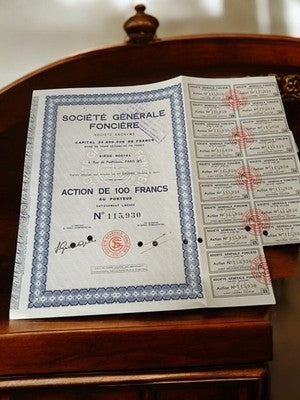 Action au porteur Société Générale Foncière 100 francs vintage années 1920