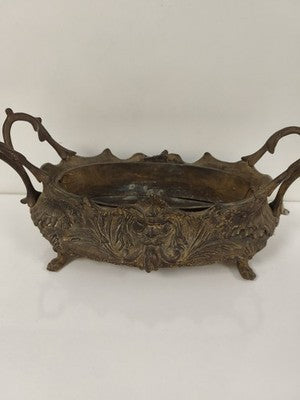 Jardinière de table Art Nouveau en métal patiné, décor floral ajouré