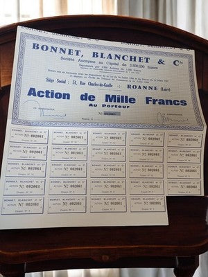 Action au porteur Bonnet Blanchet Roanne années 60, papier valeur vintage