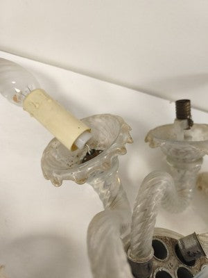 Lustre ancien Murano opaline transparent, 6 bras torsadés, à restaurer vintage