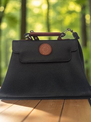Sac à main David Jones Paris vintage cuir noir poignée marron élégant