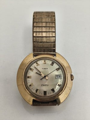 Montre homme Timex Electric vintage dorée, dateur, bracelet extensible ancien