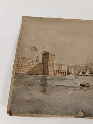 Dessin aquarellé ancien 1898 signé S. Pélissier, marine portuaire aux voiliers