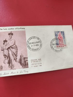 Ancienne enveloppe FDC Vietnam 1962 La Vang, timbre et cachet premier jour