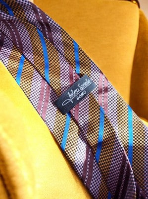 Vintage Andrea Sarando burgundy blue striped geometric patterned tie