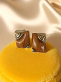Boucles d'oreilles vintage rectangulaires aspect bois et doré rétro à restaurer