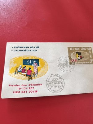 Ancienne enveloppe FDC Vietnam 1967 alphabétisation timbre illustré Saigon