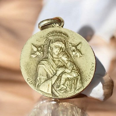 Pendentif médaille ancienne communion bronze argenté Vierge Ruffony vintage