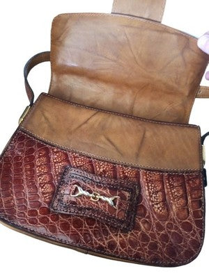 Sac à main vintage Emy Paris cuir marron effet croco bandoulière ancien femme