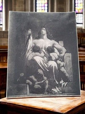 Lithographie ancienne allégorie dramatique scène symbolique noir et blanc