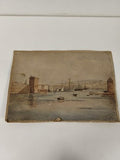 Dessin aquarellé ancien 1898 signé S. Pélissier, marine portuaire aux voiliers