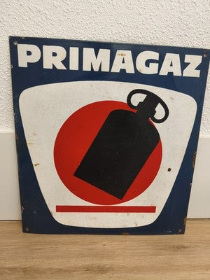 Ancienne grande plaque émaillée Primagaz, pub gaz décor bouteille