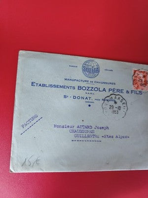 Ancienne lettre vintage 1953 avec timbre oblitéré, facture Bozzola, philatélie