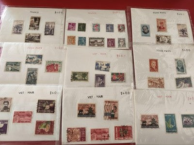 Lot anciens timbres vintage France Vietnam Canada Tous Pays philatélie vrac