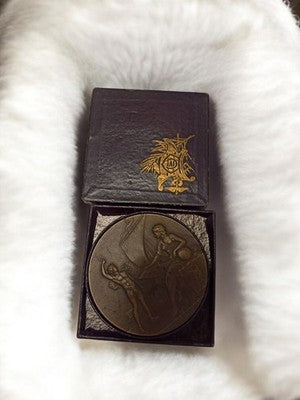 Médaille ancienne Marseille 1909 en coffret, bronze patiné, Cours Commerciaux