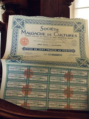 Action au porteur Société Malgache de Cultures 1927, document financier vintage
