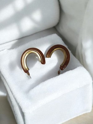 Paire boucles d’oreilles vintage rétro, demi-créoles marron doré, bijou ancien