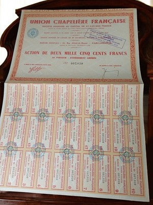 Action au porteur Union Chapelière Française 2500 francs années 1930 vintage pap