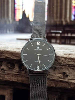 Montre homme vintage Cheng Long quartz cadran noir bracelet maille acier
