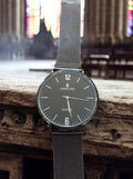 Montre homme vintage Cheng Long quartz cadran noir bracelet maille acier