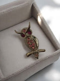 Broche hibou vintage rétro, bijou fantaisie doré strass roses ancien