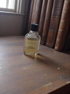 Flacon parfum vintage MONSIEUR, verre transparent, bouchon noir ancien