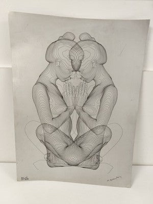 Ancienne plaque gravée gris fumé, signée numérotée 91/150, figure linéaire