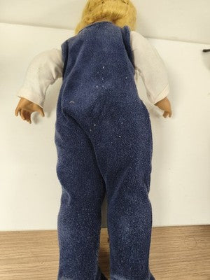 Poupée ancienne marque Ancienne, blonde, yeux bruns, tenue bleu marine