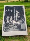 Lithographie signée A. Grasset scène militaire vintage noir et blanc