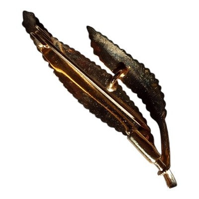 Broche vintage dorée plume double, bijou rétro signé, métal doré élégant