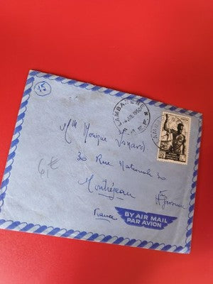 Ancienne lettre vintage 1950 timbre oblitéré France Afrique air mail bleu philat