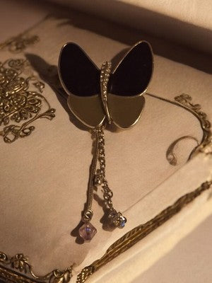 Vintage LDADPR black and gold butterfly brooch with rhinestones, elegant pendant