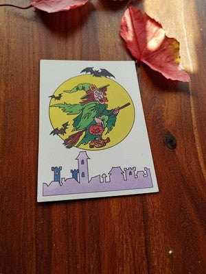 Autocollant Panini vintage sorcière Halloween 80's rétro château chauve-souris