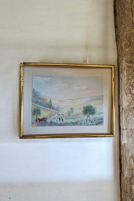 Peinture encadrée signée Laurens paysage campagne milieu XXe aquarelle