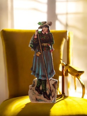 Chromo ancien figurine école, bergère costume XIXe, image découpée vintage